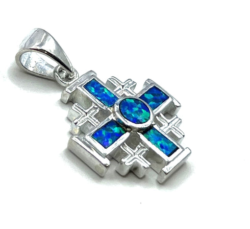 Sterling Silver with Opal Jerusalem Cross Pendant
